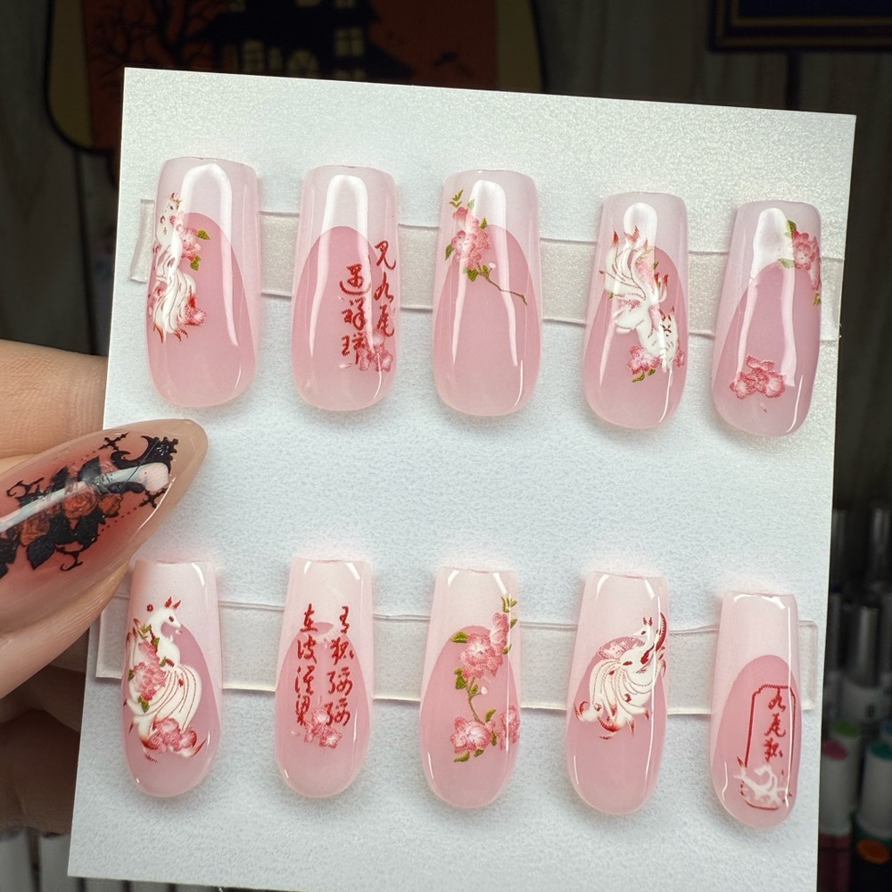Pink Floral kitsune fox Nail Art Set